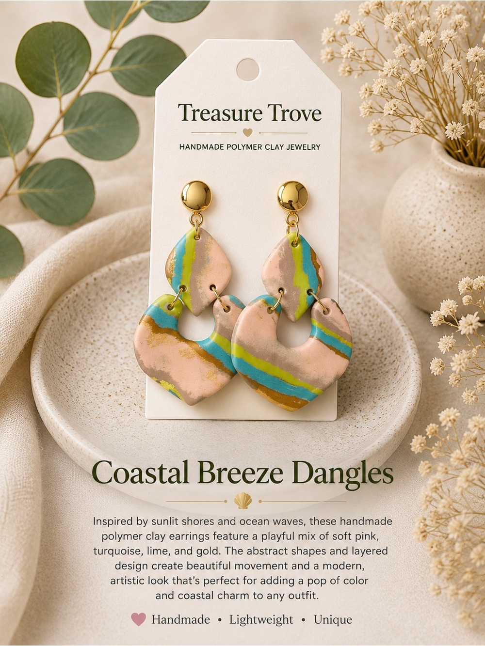 Treasure Trove Coastal Heart Dangle Earrings - Pink, Turquoise & Lime